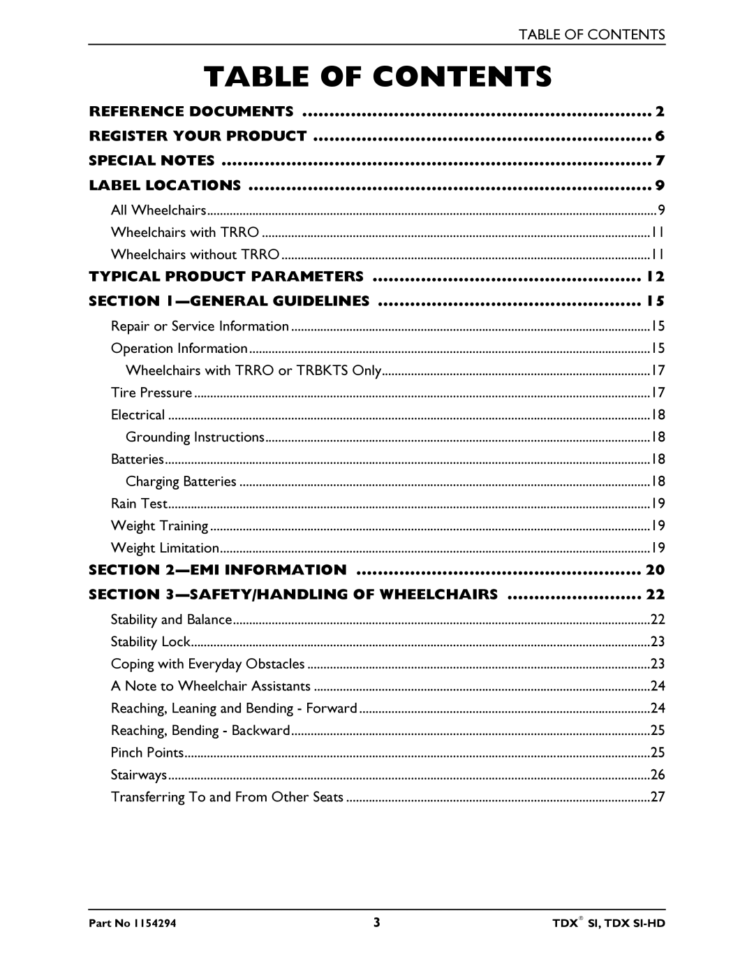 Invacare TDX SI manual Table of Contents 