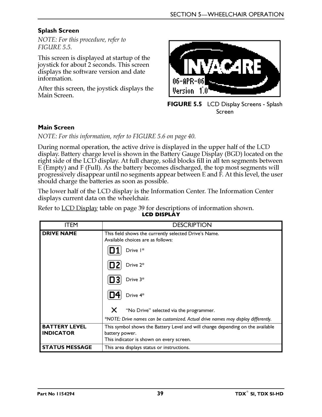 Invacare TDX SI manual Splash Screen, Main Screen 