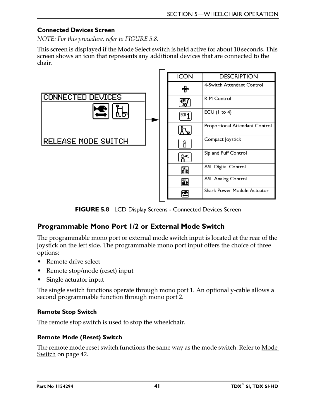 Invacare TDX SI manual Programmable Mono Port 1/2 or External Mode Switch, Connected Devices Screen, Icon Description 