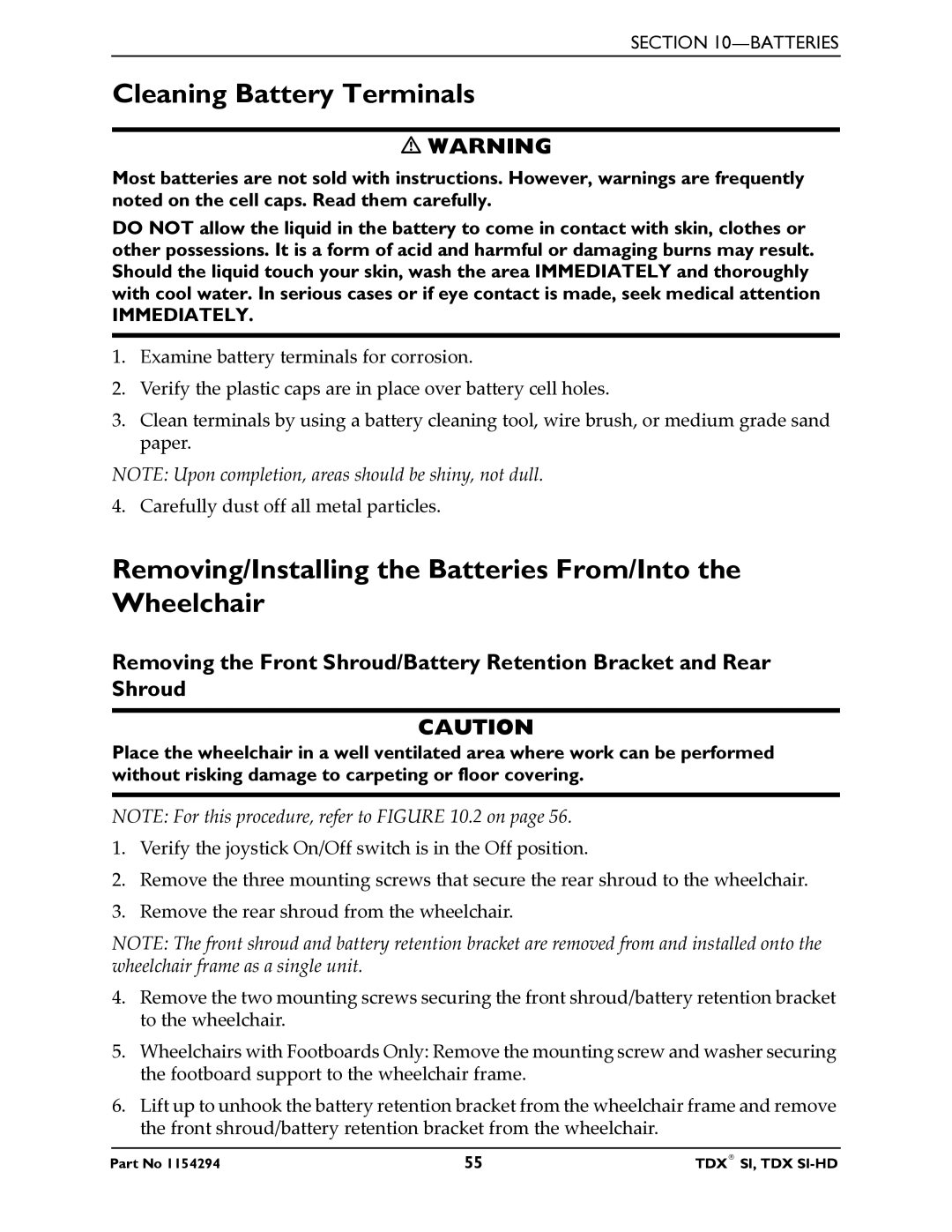 Invacare TDX SI manual Cleaning Battery Terminals, Removing/Installing the Batteries From/Into the Wheelchair 