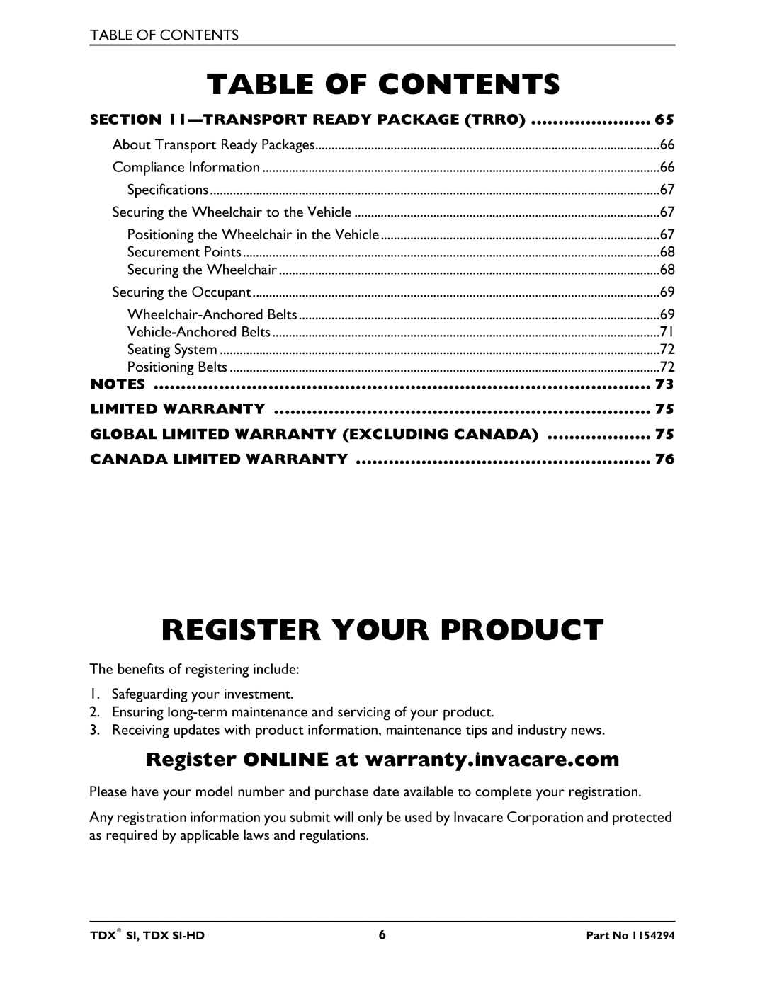 Invacare TDX SI manual Register Your Product, Transport Ready Package Trro 