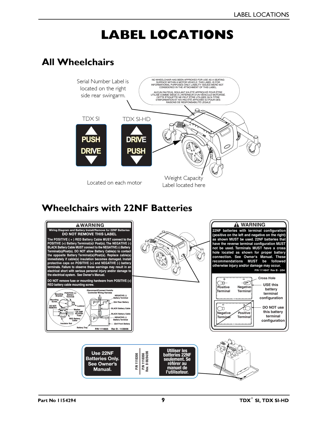 Invacare TDX SI manual Label Locations, All Wheelchairs, Wheelchairs with 22NF Batteries 