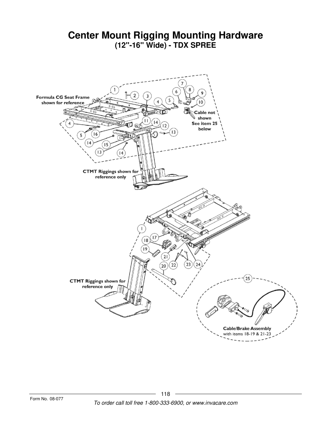 Invacare TDX SPREE manual Center Mount Rigging Mounting Hardware 