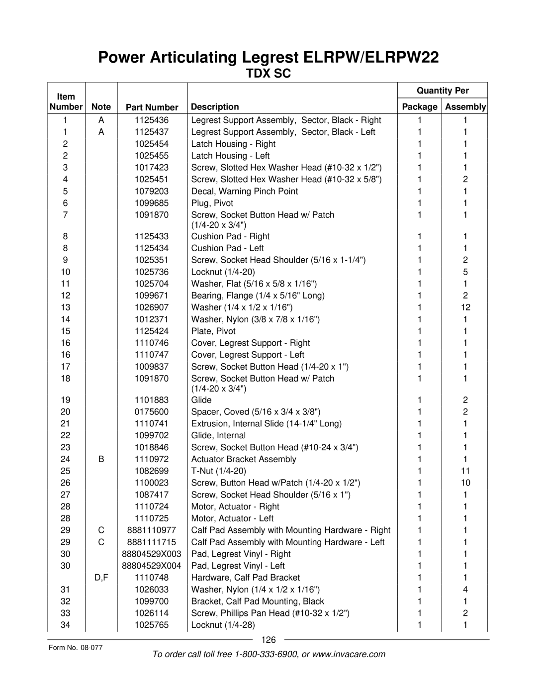 Invacare TDX SPREE manual Quantity Per Number Part Number Description Package Assembly 