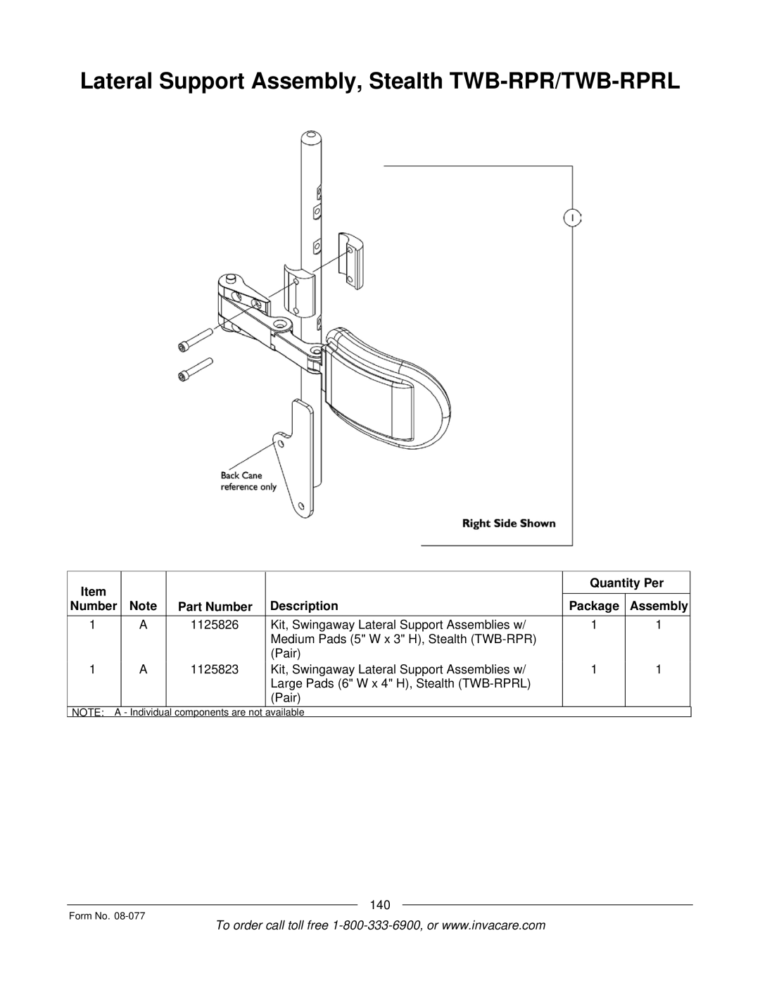 Invacare TDX SPREE manual Lateral Support Assembly, Stealth TWB-RPR/TWB-RPRL 