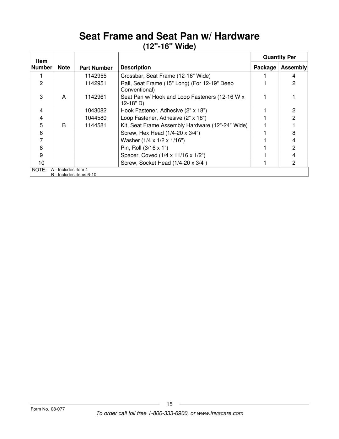 Invacare TDX SPREE manual Includes items Form No 