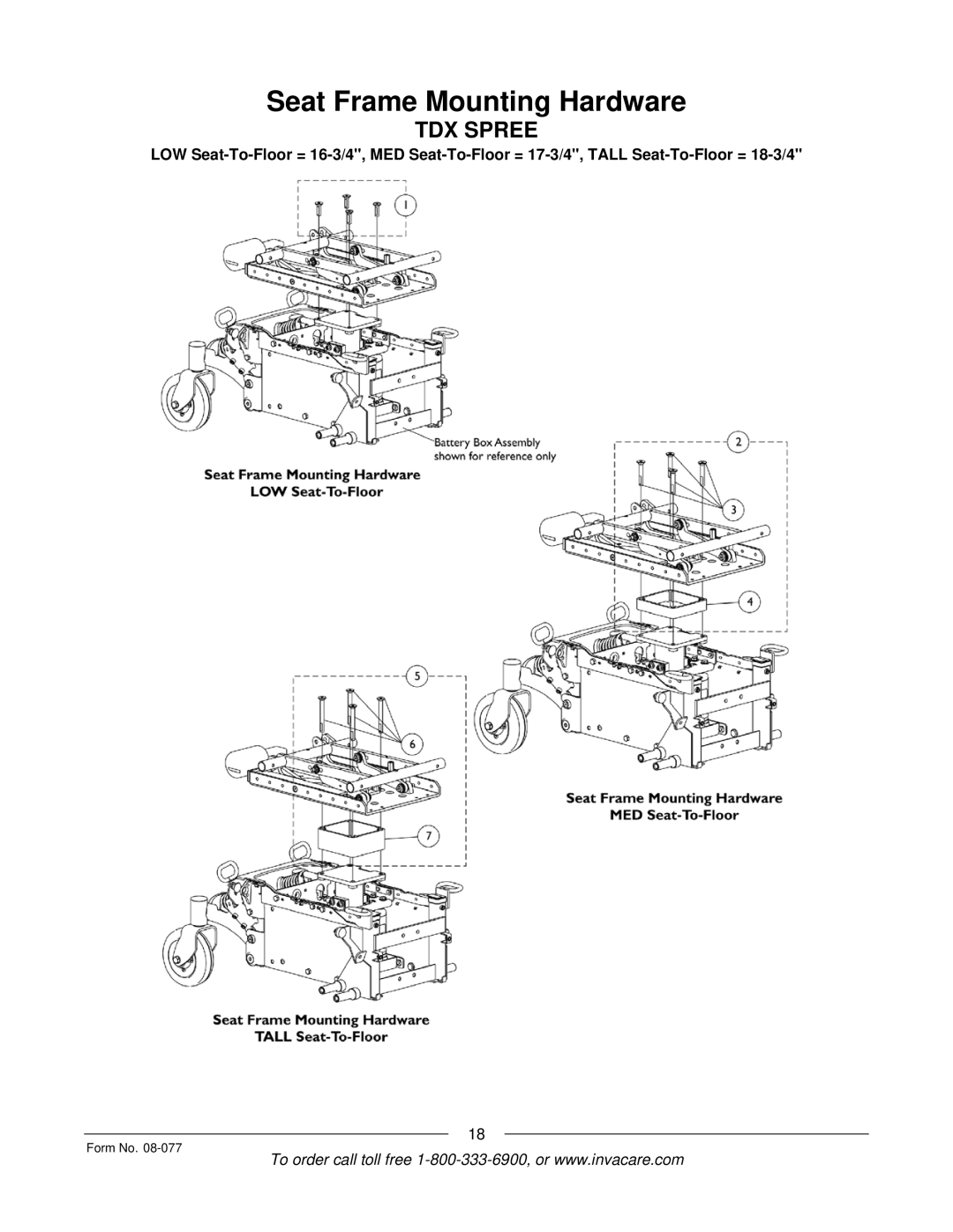 Invacare TDX SPREE manual Seat Frame Mounting Hardware 