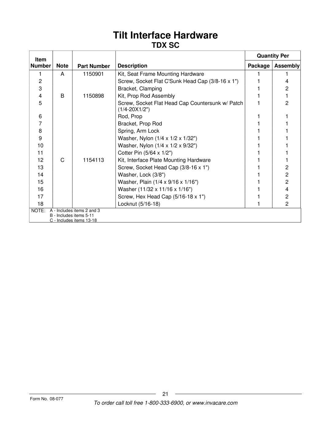 Invacare TDX SPREE manual Items 2 Includes items Form No 