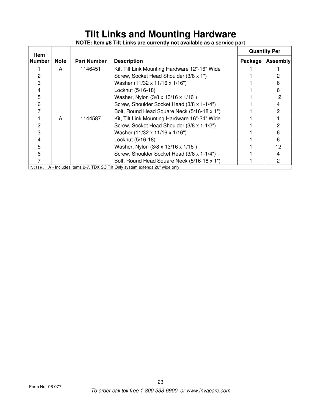 Invacare TDX SPREE manual Tilt Links and Mounting Hardware 