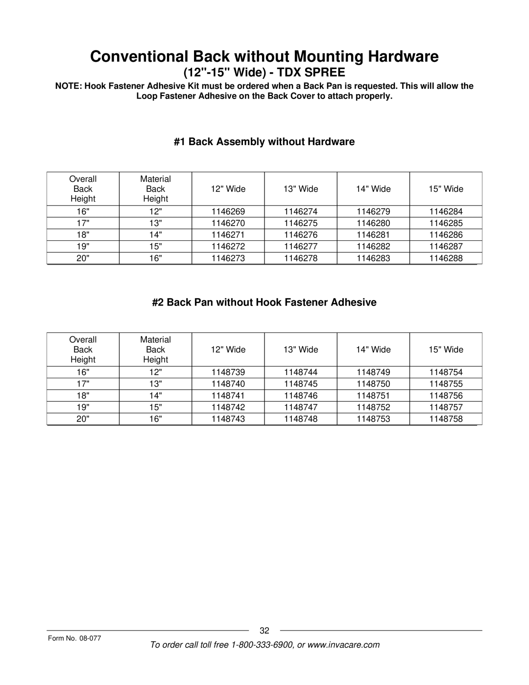 Invacare TDX SPREE manual #1 Back Assembly without Hardware, #2 Back Pan without Hook Fastener Adhesive 