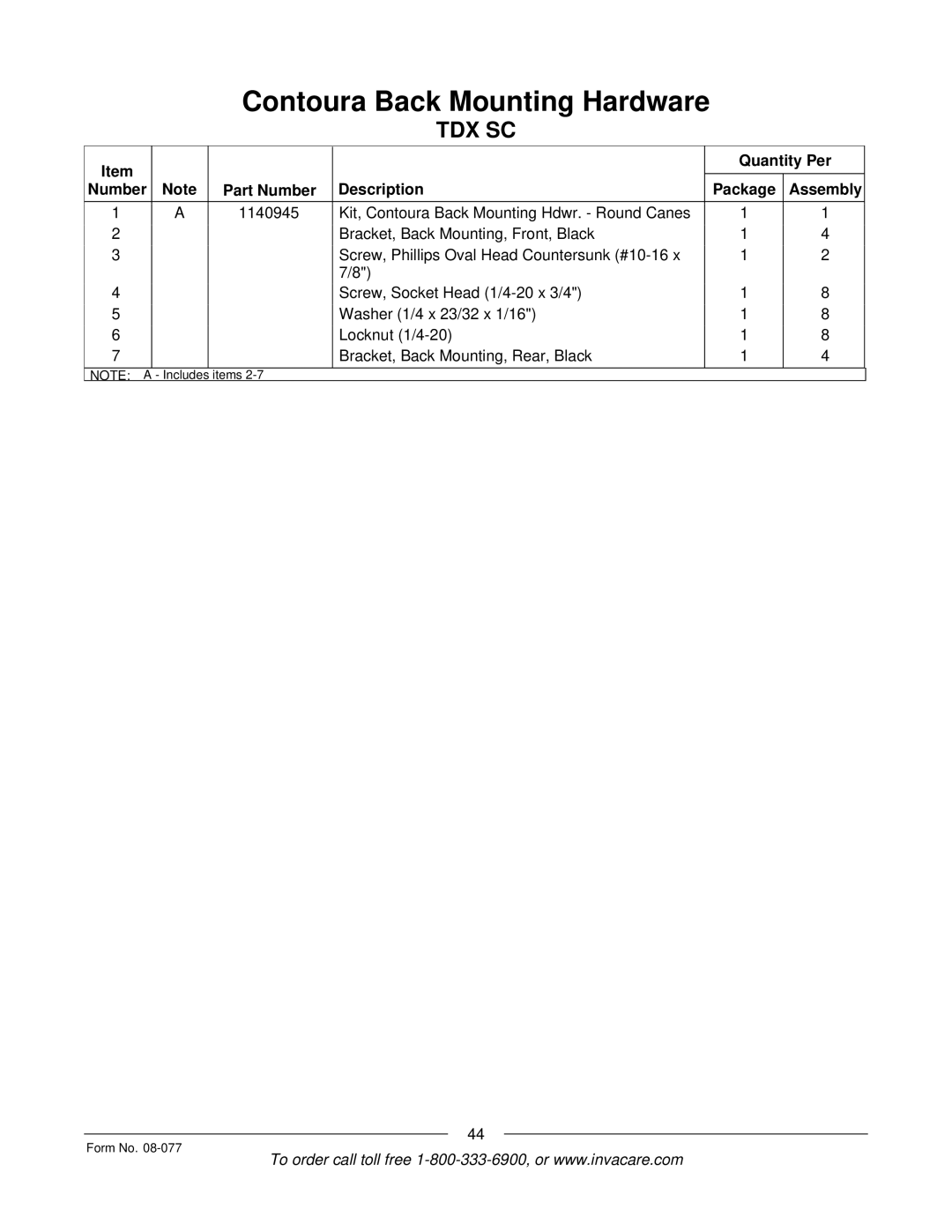 Invacare TDX SPREE manual Items Form No 