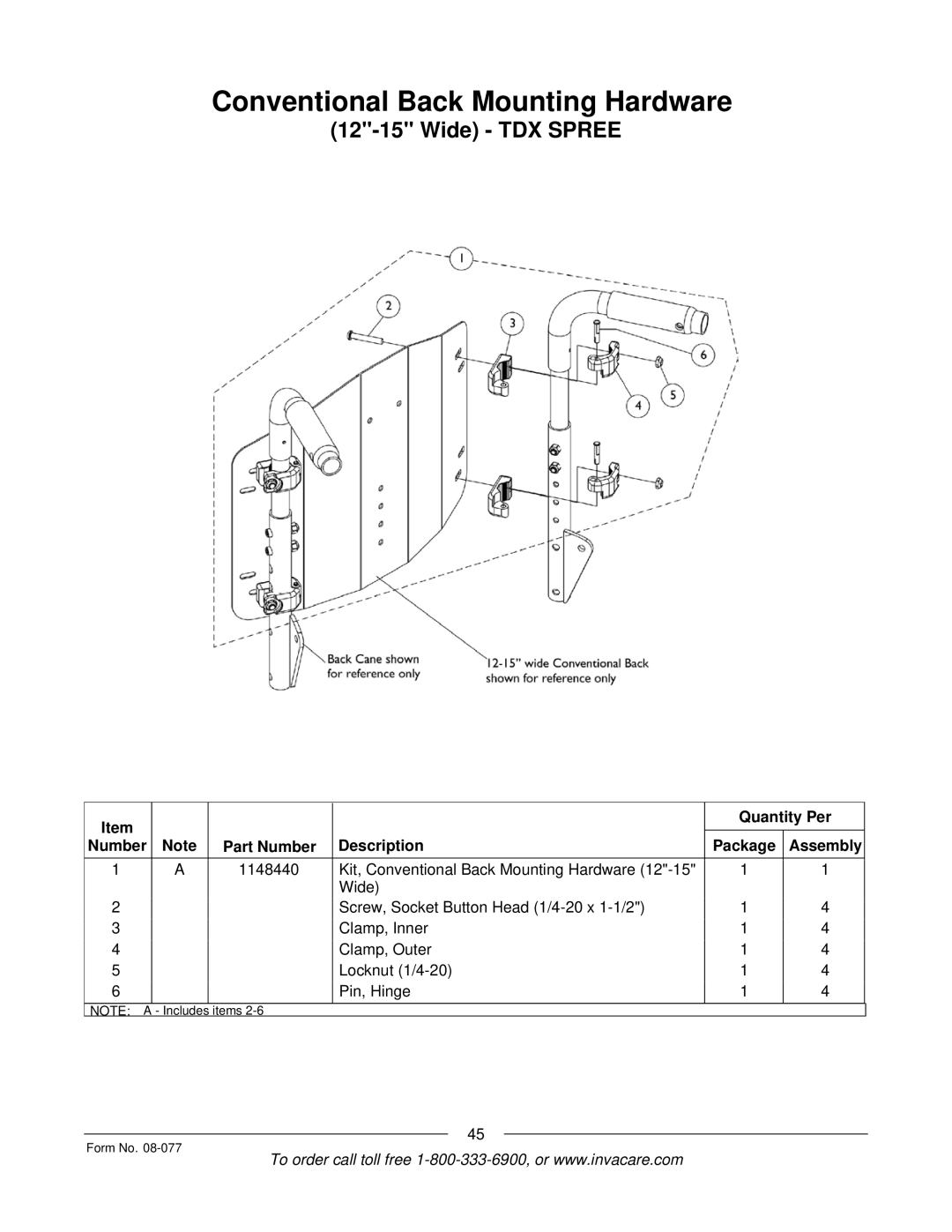 Invacare TDX SPREE manual Conventional Back Mounting Hardware 