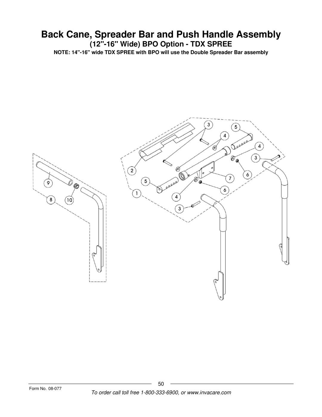 Invacare TDX SPREE manual Back Cane, Spreader Bar and Push Handle Assembly 