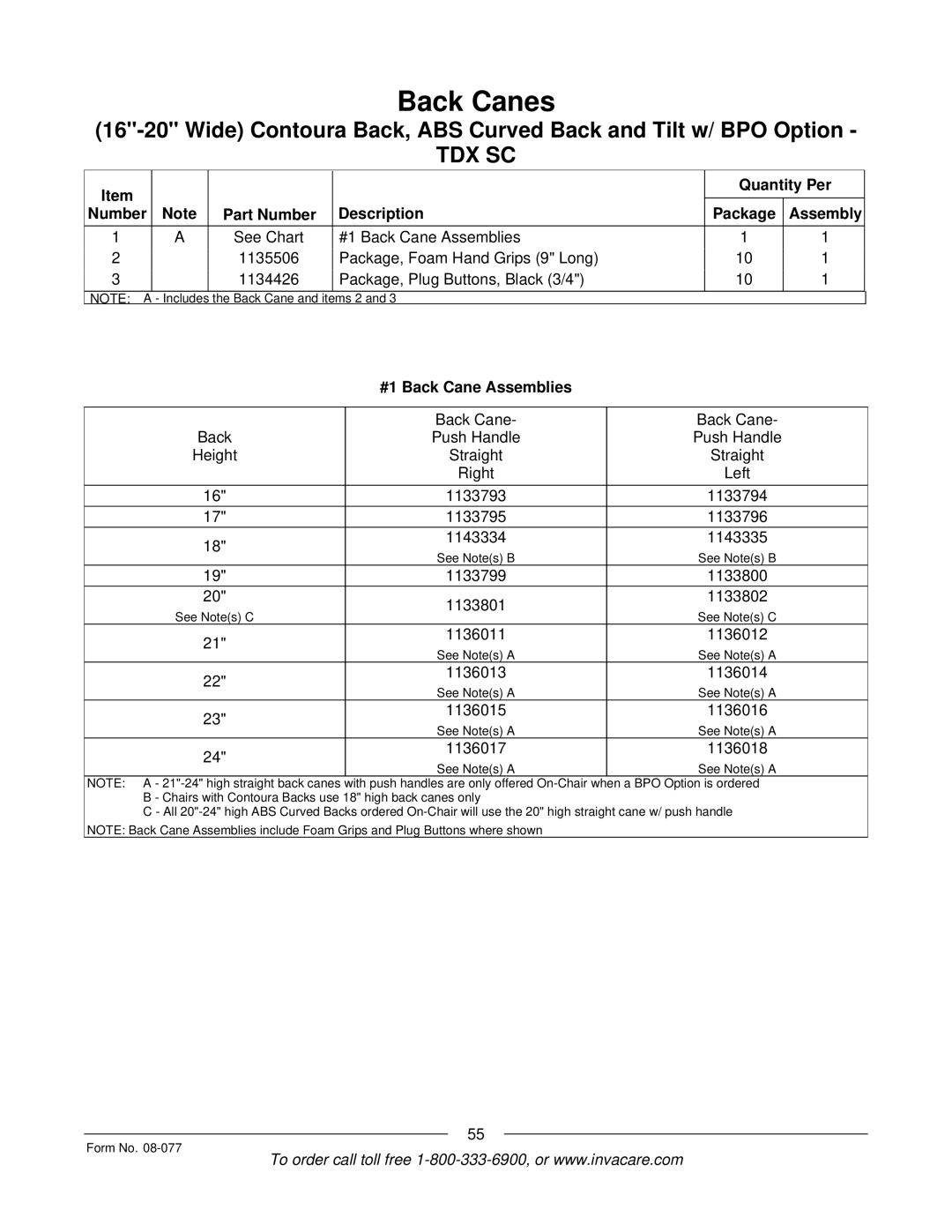 Invacare TDX SPREE manual #1 Back Cane Assemblies 