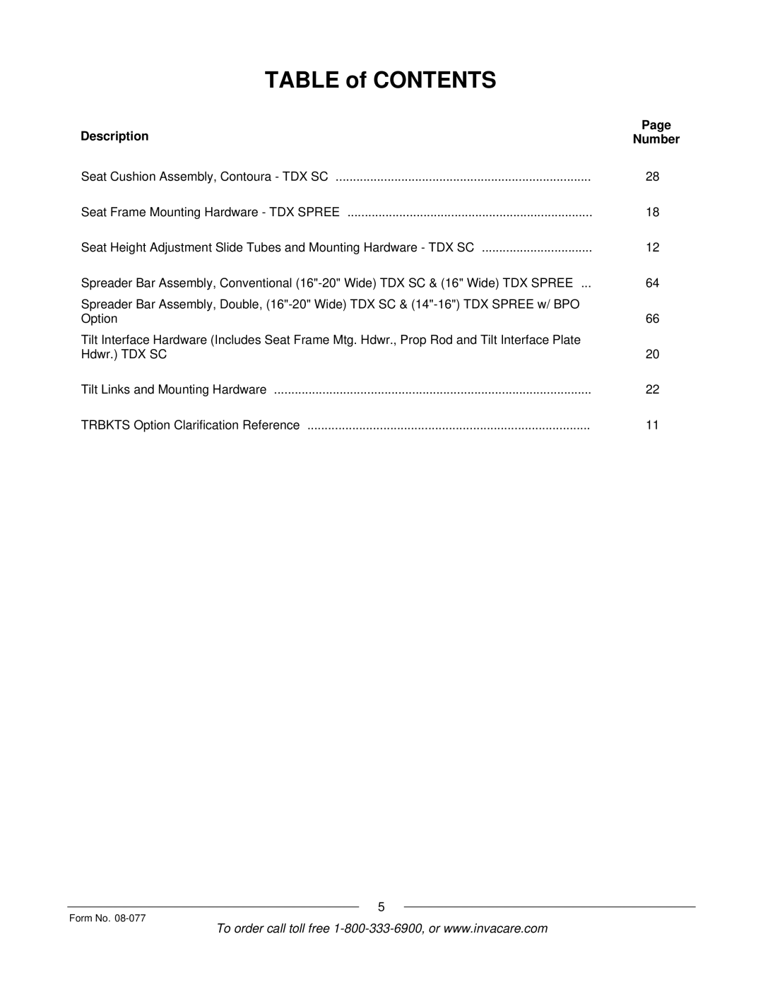 Invacare TDX SPREE manual Table of Contents 