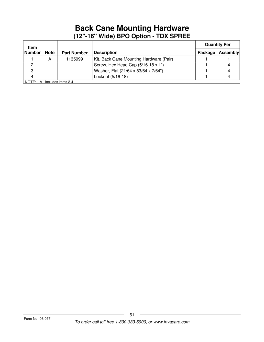 Invacare TDX SPREE manual Items Form No 