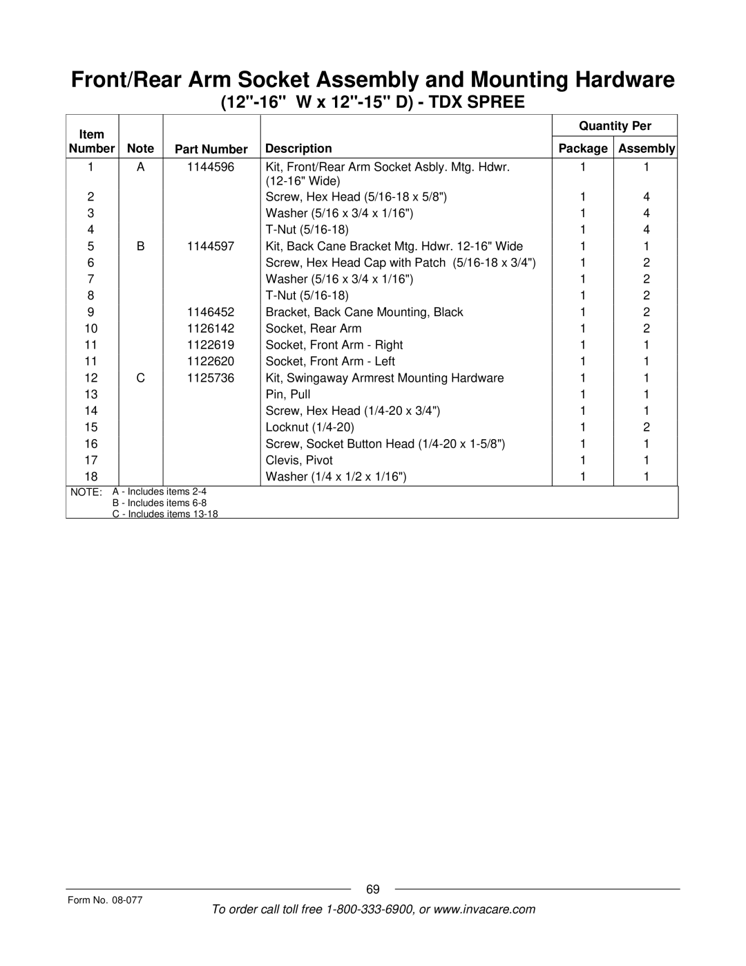 Invacare TDX SPREE manual Items Includes items Form No 