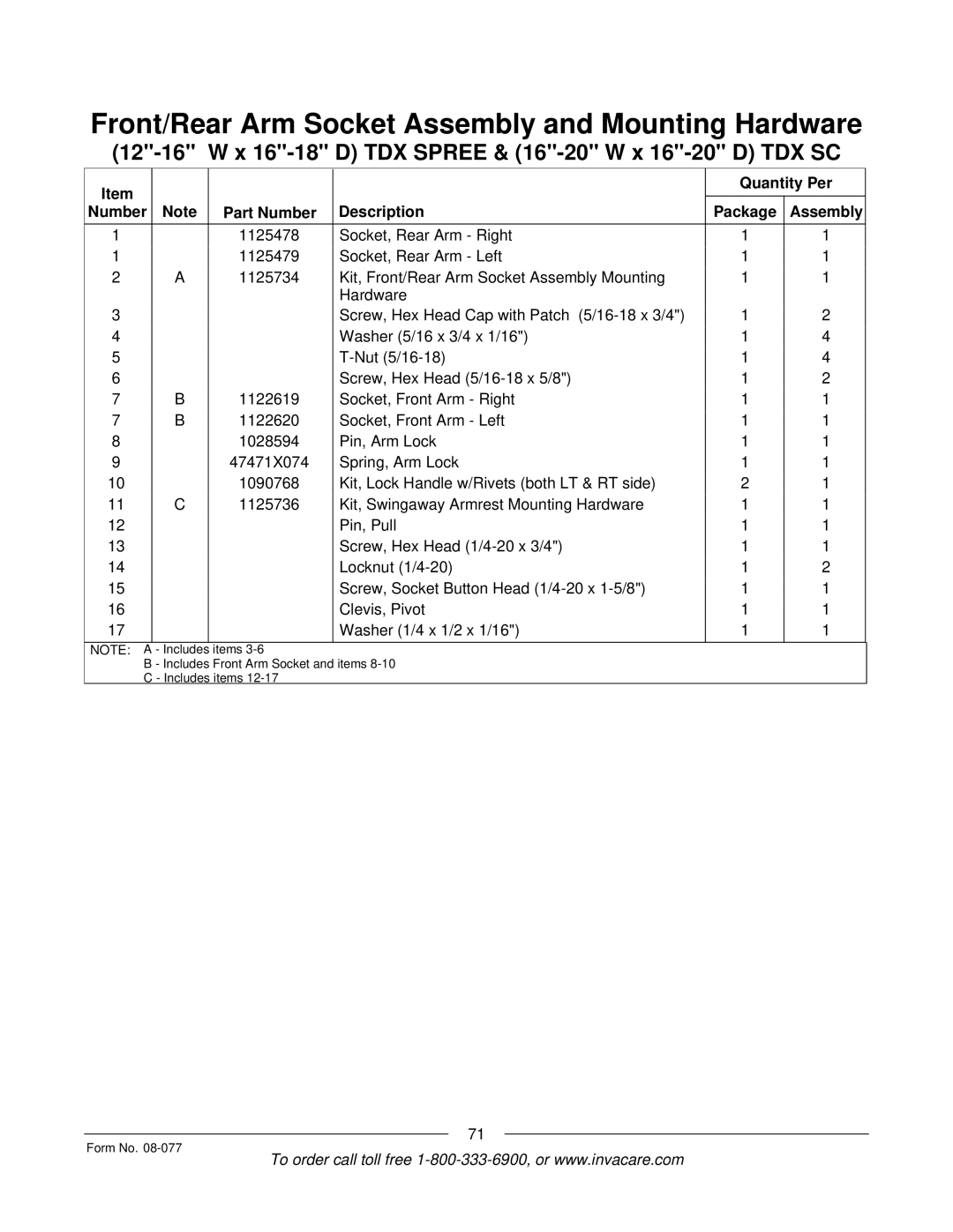 Invacare TDX SPREE manual Front/Rear Arm Socket Assembly and Mounting Hardware 