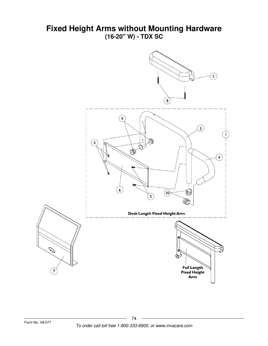 Invacare TDX SPREE manual Fixed Height Arms without Mounting Hardware 