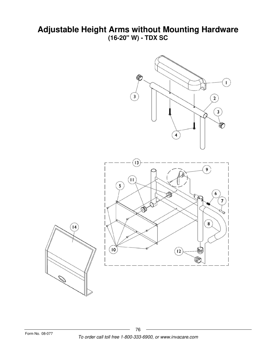 Invacare TDX SPREE manual Adjustable Height Arms without Mounting Hardware 