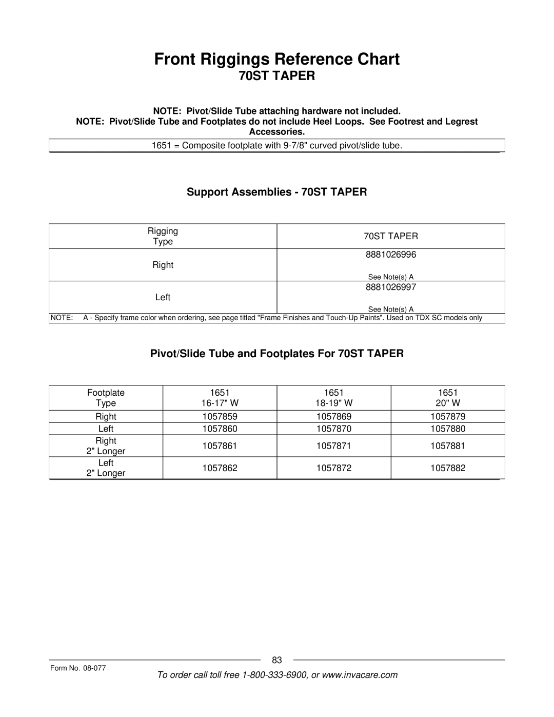 Invacare TDX SPREE manual Support Assemblies 70ST Taper, Pivot/Slide Tube and Footplates For 70ST Taper 