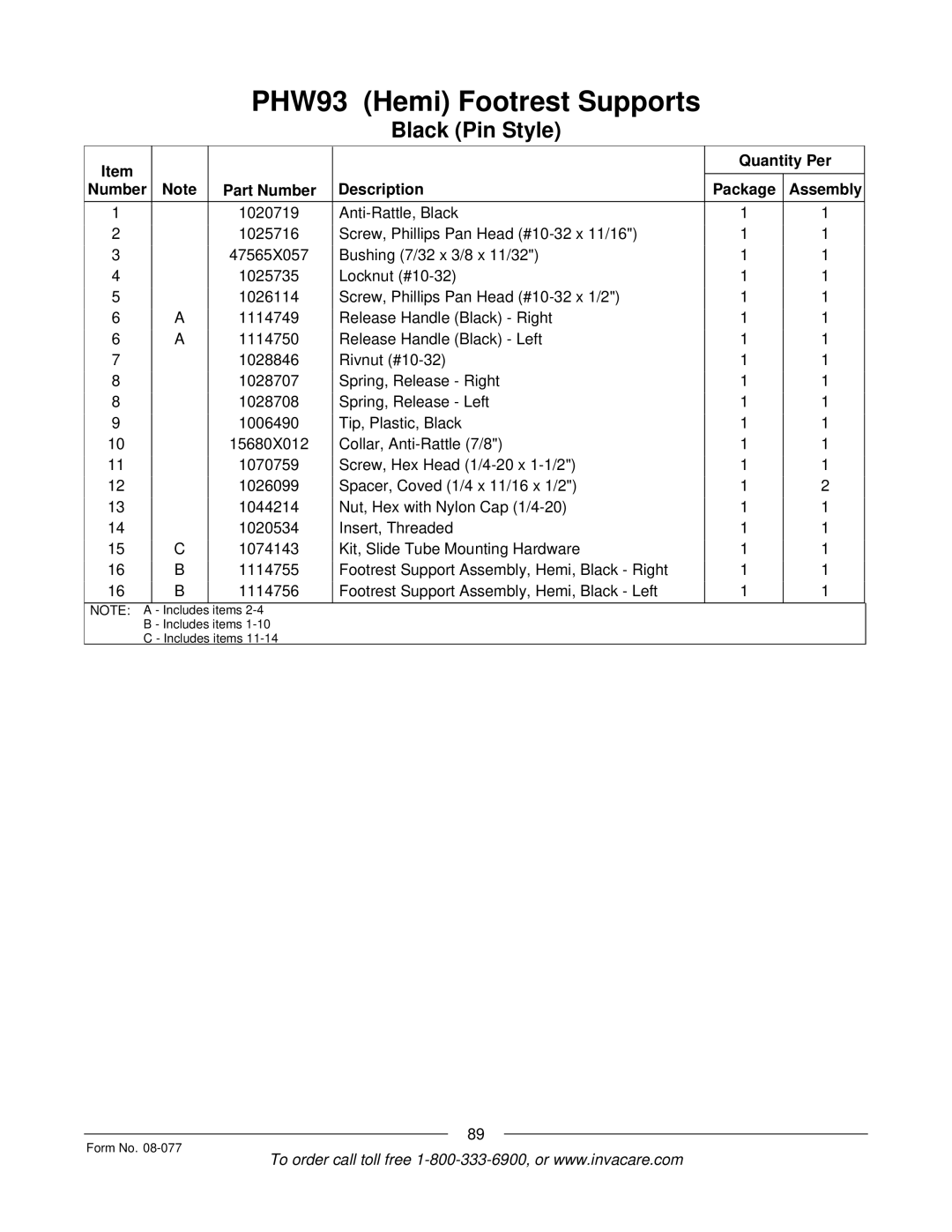 Invacare TDX SPREE manual Items Includes items Form No 