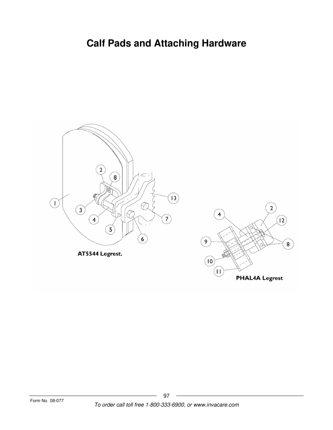 Invacare TDX SPREE manual Calf Pads and Attaching Hardware 