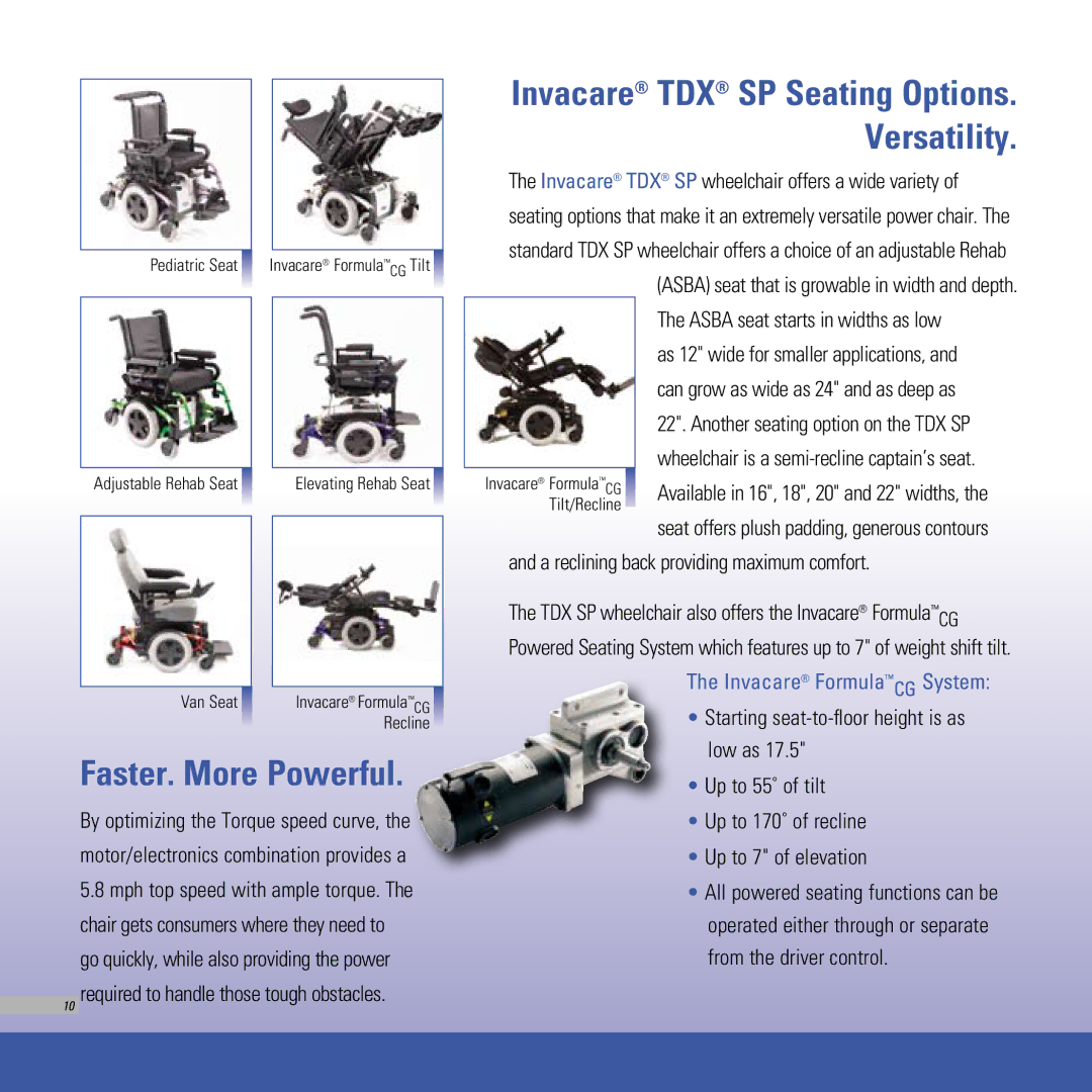 Invacare TDX SC, TDX SR, TDX SPREE manual Faster. More Powerful, Invacare TDX SP Seating Options. Versatility 