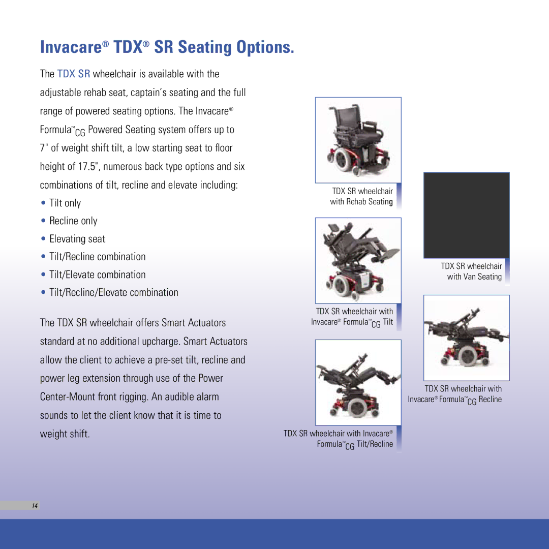 Invacare TDX SC, TDX SPREE manual Invacare TDX SR Seating Options, TDX SR wheelchair offers Smart Actuators 