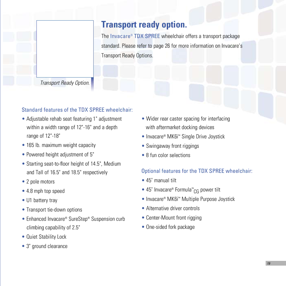 Invacare TDX SR, TDX SPREE, TDX SC manual Transport ready option, Transport Ready Option 