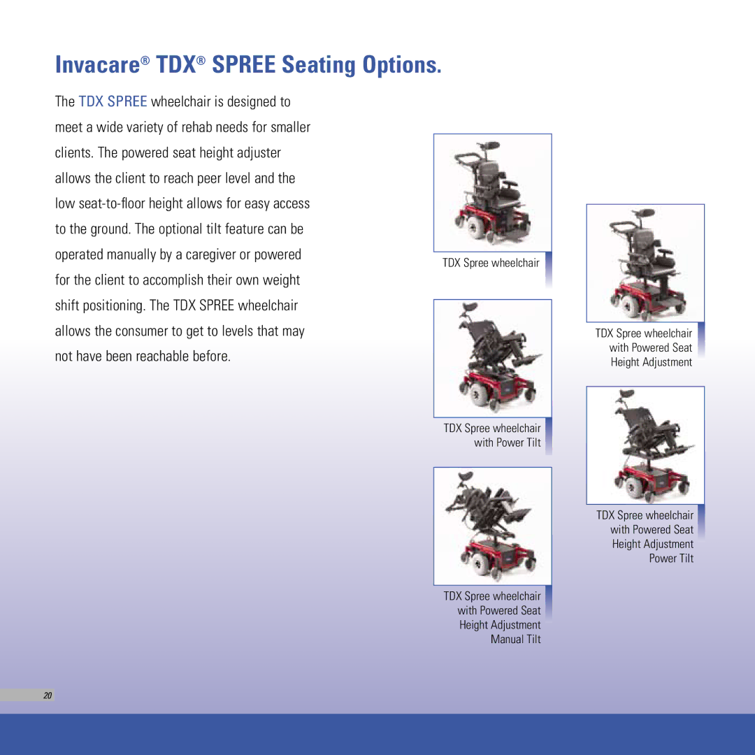 Invacare TDX SR, TDX SPREE, TDX SC manual Invacare TDX Spree Seating Options 