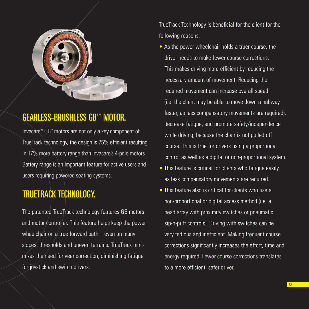 Invacare TDXSP, TDXSR, TDXSC manual Truetrack Technology, GEARLESS-BRUSHLESS GB Motor 