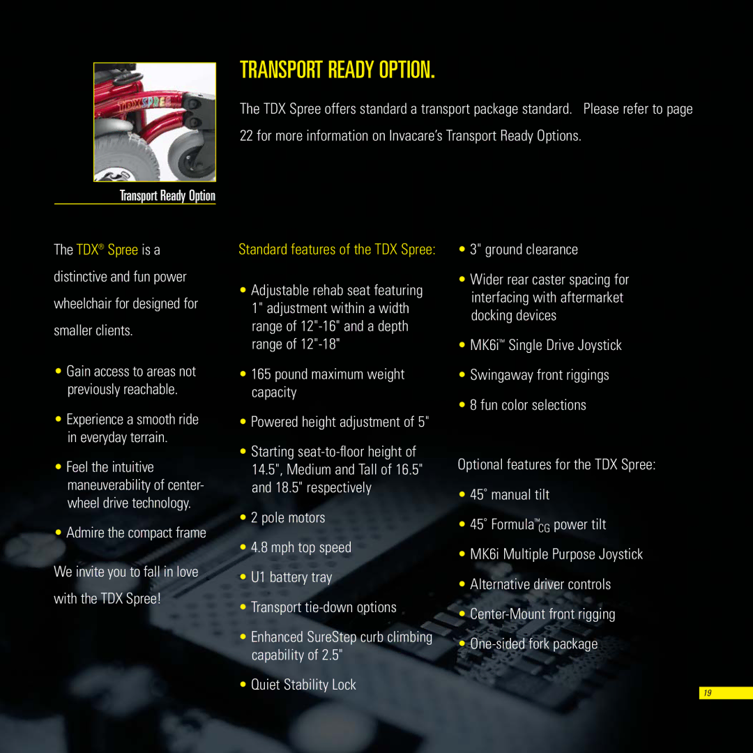 Invacare TDXSP, TDXSR, TDXSC manual Transport Ready Option, Pound maximum weight capacity 