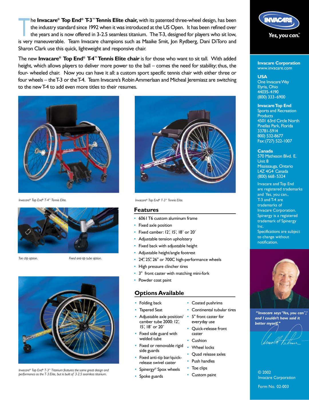 Invacare Tennis Series manual Features, Options Available, Invacare Corporation, Usa, Canada 