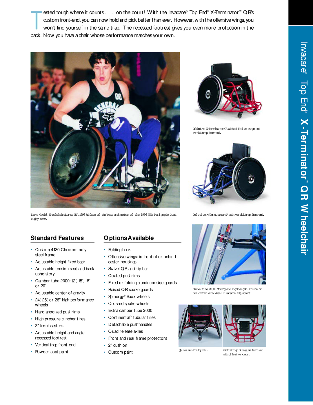 Invacare Terminator Series manual Invacare Top End X-TerminatorQR Wheelchair, Standard Features Options Available 