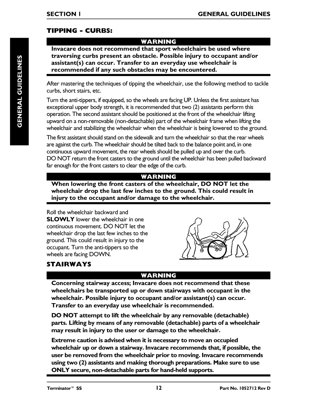 Invacare TerminatorTM SS manual Tipping Curbs, Stairways 