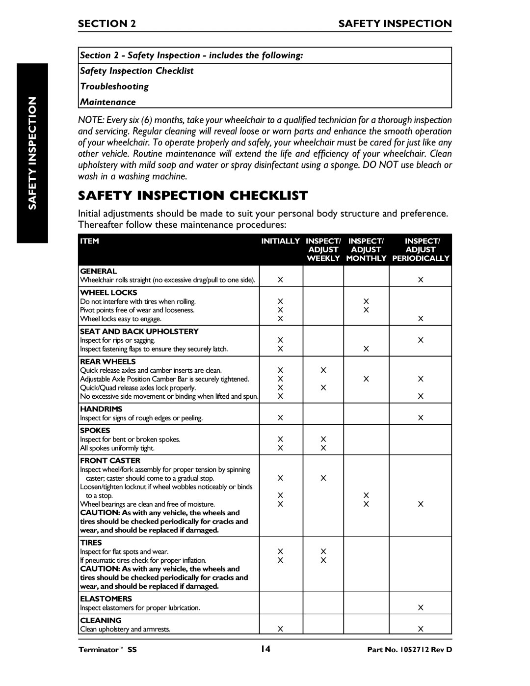 Invacare TerminatorTM SS manual Safety Inspection Checklist, Section Safety Inspection 