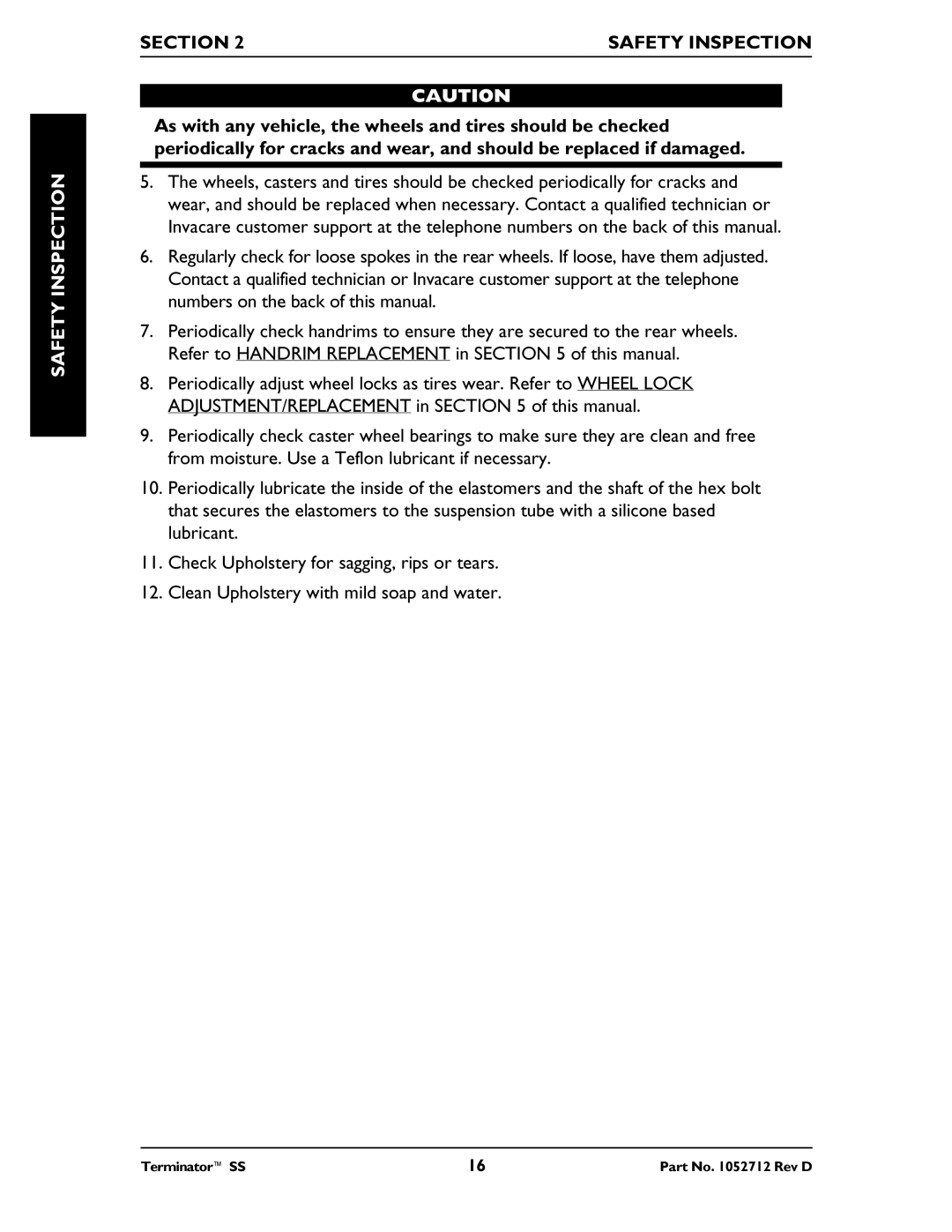 Invacare TerminatorTM SS manual Safety Inspection 