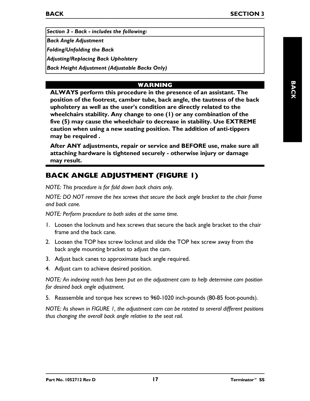 Invacare TerminatorTM SS manual Back Section 