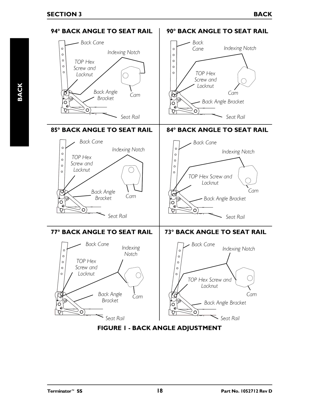 Invacare TerminatorTM SS manual Section Back Back Angle to Seat Rail 