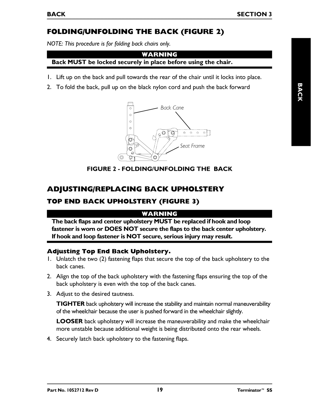 Invacare TerminatorTM SS manual TOP END Back Upholstery Figure, Adjusting Top End Back Upholstery 