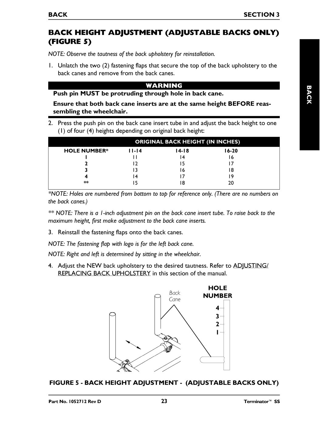 Invacare TerminatorTM SS manual Hole, Back Number 