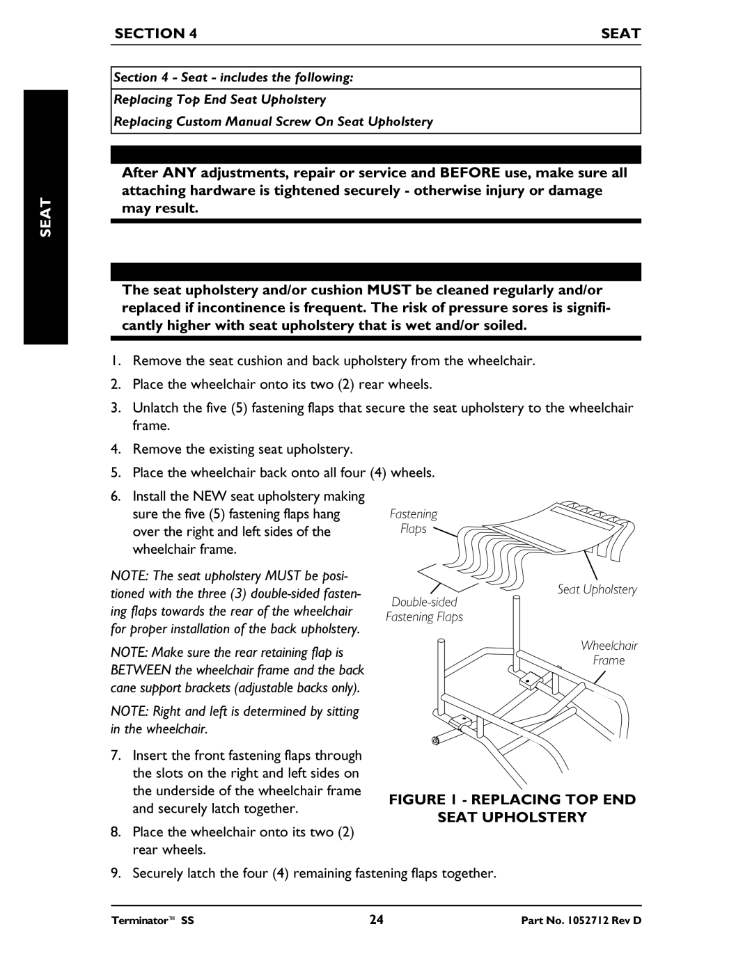 Invacare TerminatorTM SS manual Section Seat 