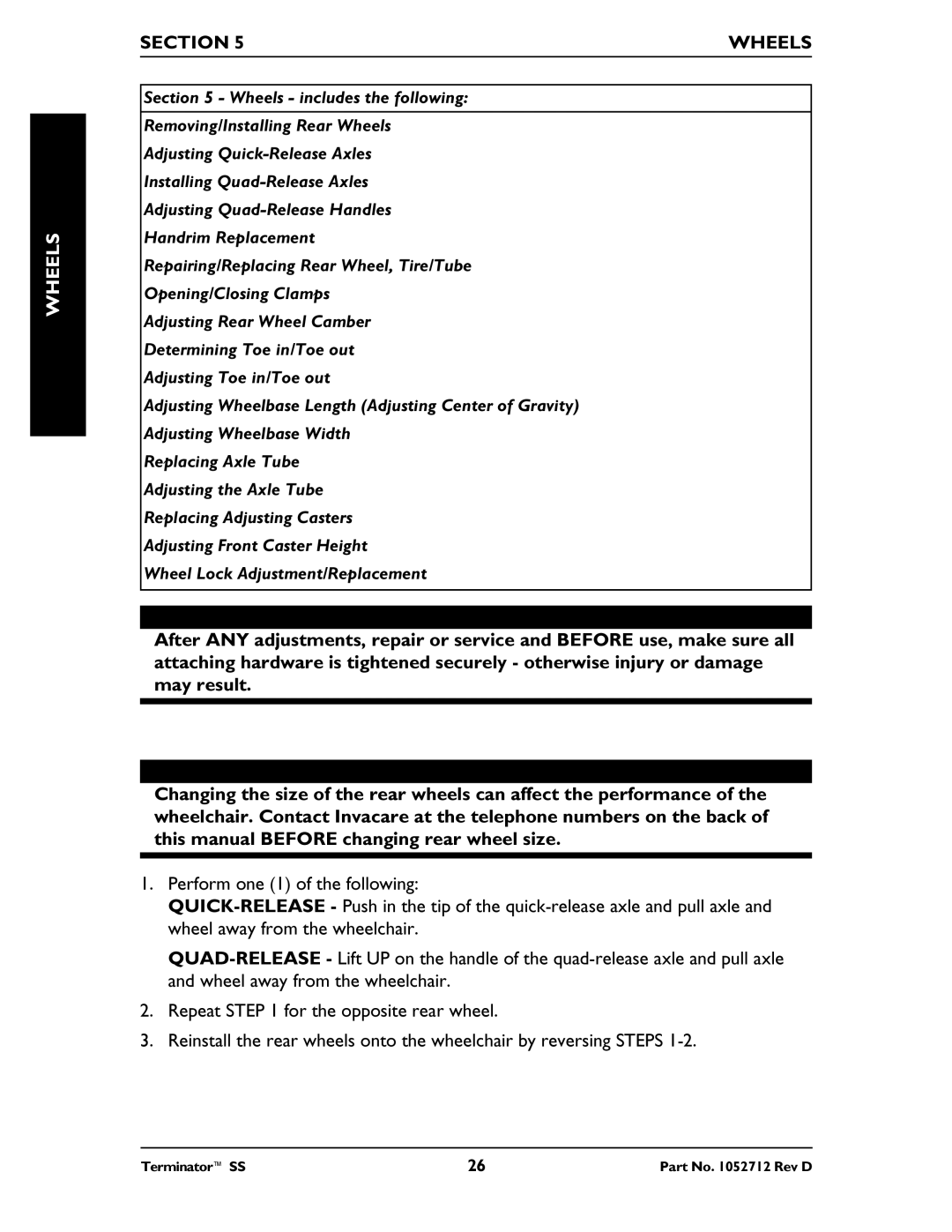 Invacare TerminatorTM SS manual REMOVING/INSTALLING Rear Wheels Figure, Section Wheels 