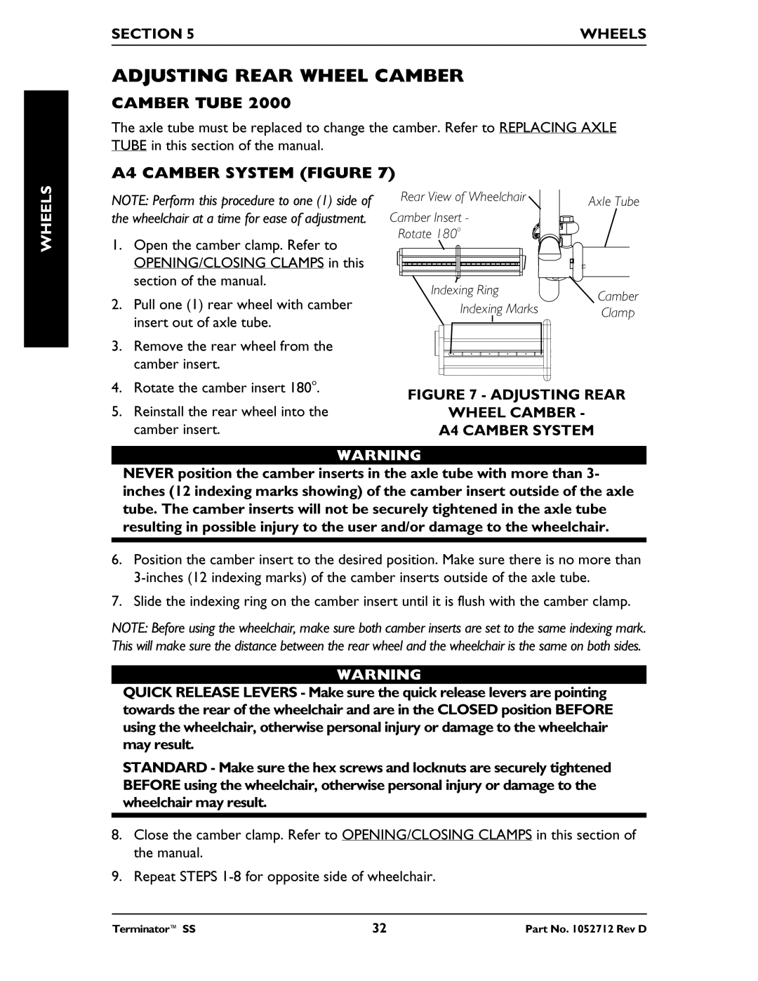 Invacare TerminatorTM SS manual Adjusting Rear Wheel Camber, Camber Tube, A4 Camber System Figure 