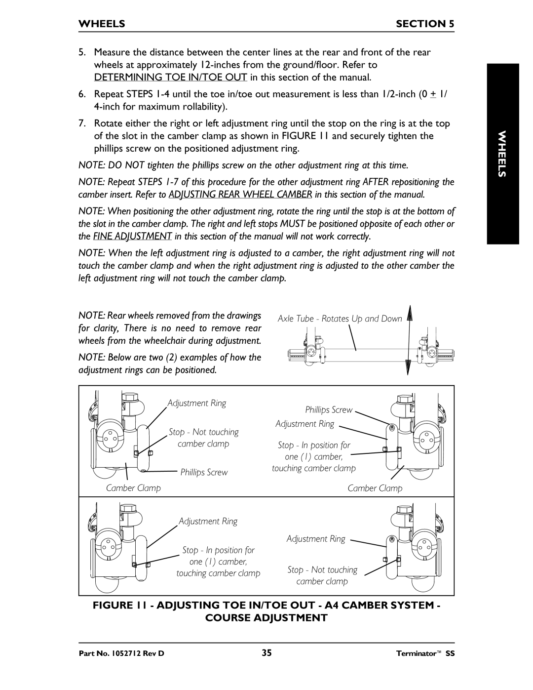 Invacare TerminatorTM SS manual Adjusting TOE IN/TOE OUT A4 Camber System Course Adjustment 