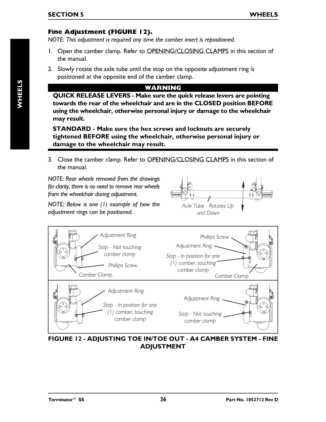 Invacare TerminatorTM SS manual Fine Adjustment Figure, Adjusting TOE IN/TOE OUT A4 Camber System Fine Adjustment 