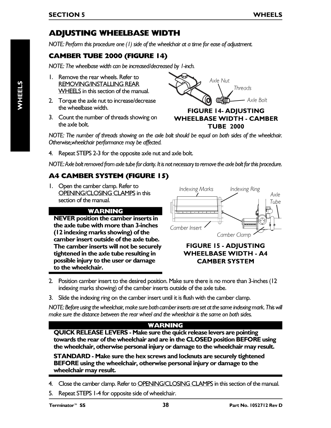 Invacare TerminatorTM SS manual Adjusting Wheelbase Width, Wheelbase Width Camber, Tube 