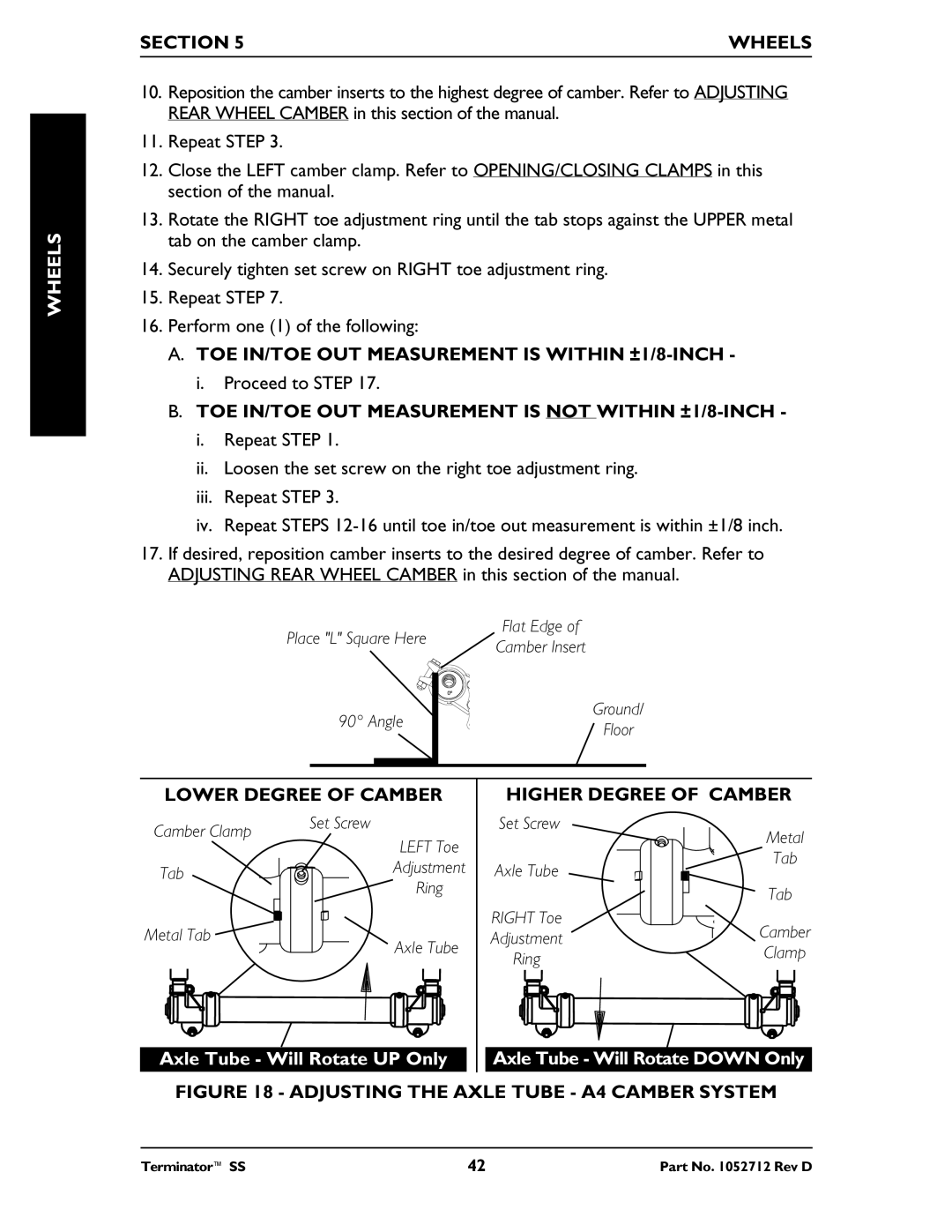 Invacare TerminatorTM SS manual TOE IN/TOE OUT Measurement is Within ±1/8-INCH 