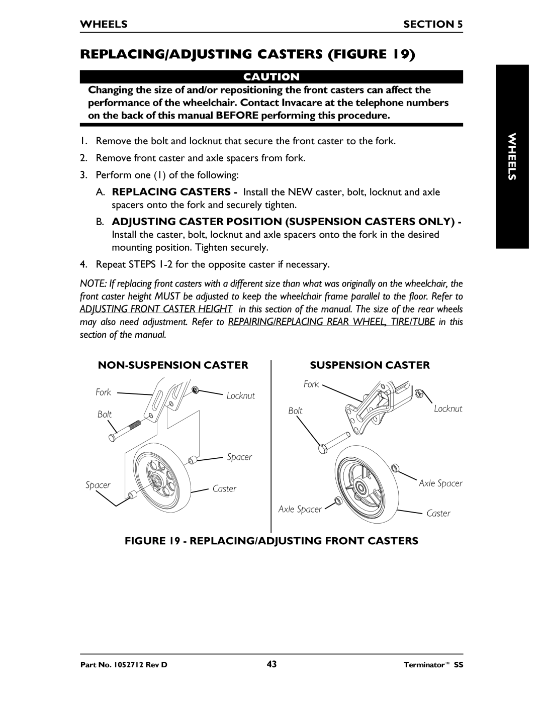 Invacare TerminatorTM SS manual REPLACING/ADJUSTING Casters Figure, NON-SUSPENSION Caster, Suspension Caster 